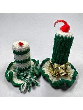 Vintage Crochet Christmas Candle Set Green White Red Handmade Decor
